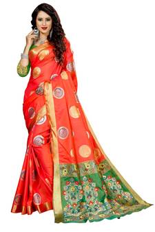 Women's Orange Kanjivaram style Traditional Banarasi Art Silk Zari work Saree