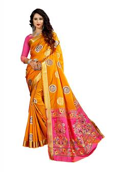Women's Mustard Kanjivaram style Traditional Banarasi Art Silk Zari work Saree