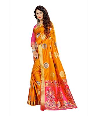 Women's Mustard Kanjivaram style Traditional Banarasi Art Silk Zari work Saree 2