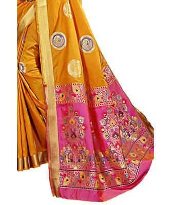 Women's Mustard Kanjivaram style Traditional Banarasi Art Silk Zari work Saree 4