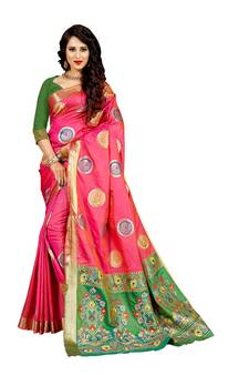Women's Pink Kanjivaram style Traditional Banarasi Art Silk Zari work Saree
