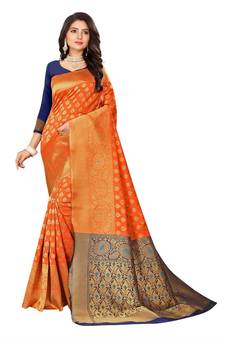 Women's Orange Traditional Banarasi Art Silk Zari work Saree