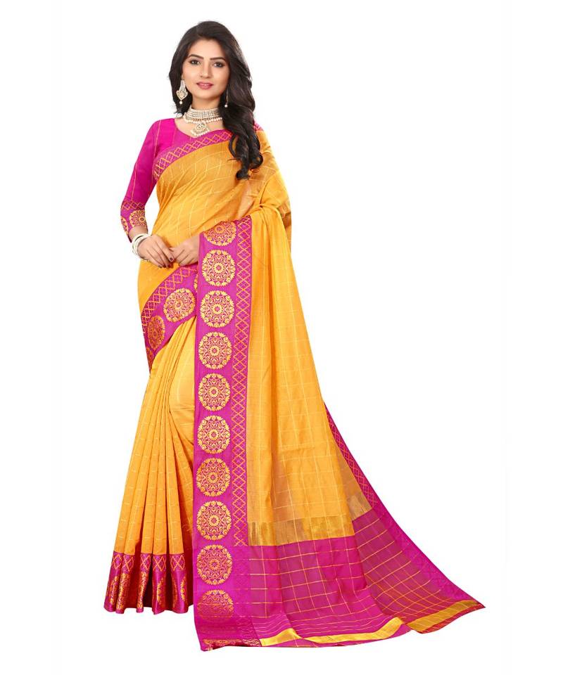 Women's Gold Checkered Chanderi Cotton Zari work Saree