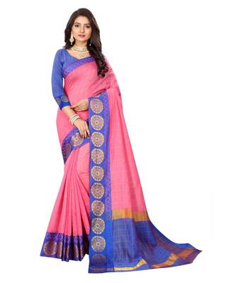 Women's Pink Checkered Chanderi Cotton Zari work Saree 1