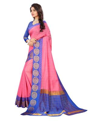 Women's Pink Checkered Chanderi Cotton Zari work Saree 2