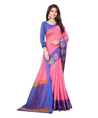 Women's Pink Checkered Chanderi Cotton Zari work Saree 3