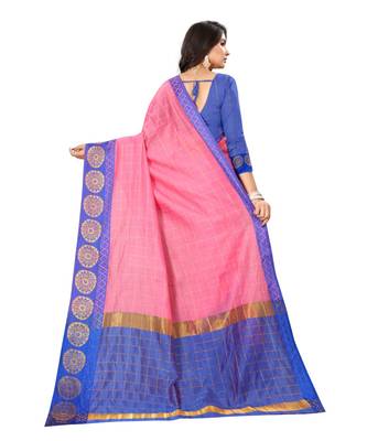 Women's Pink Checkered Chanderi Cotton Zari work Saree 4