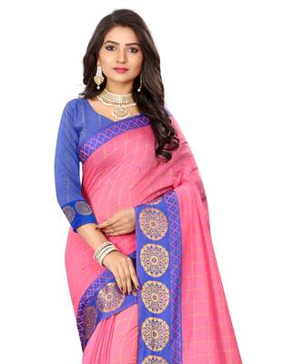 Women's Pink Checkered Chanderi Cotton Zari work Saree 5