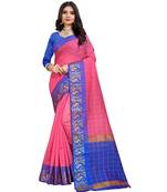 Women'S Pink Checkered Chanderi Cotton Zari Work Saree