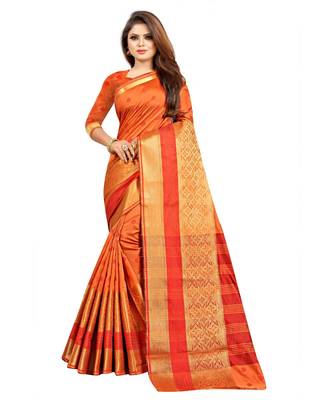 Women's Orange Polycotton Zari work Saree 1