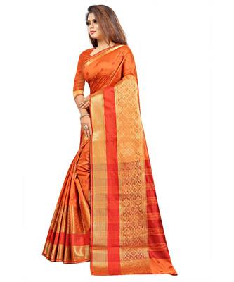 Women's Orange Polycotton Zari work Saree 2