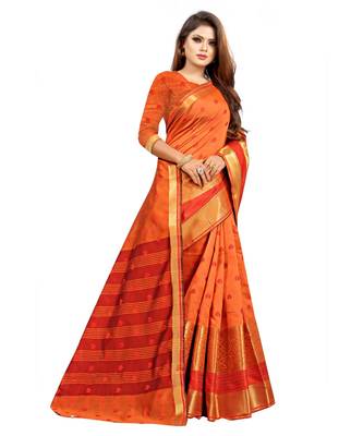 Women's Orange Polycotton Zari work Saree 3