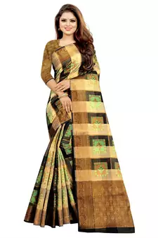 Women's Green Checkered Banarasi Cotton Zari work Saree