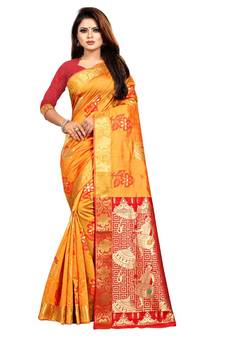 Women's Gold Kanjivaram Silk Zari work Saree