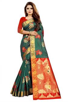Women's Turquoise Kanjivaram Silk Zari work Saree
