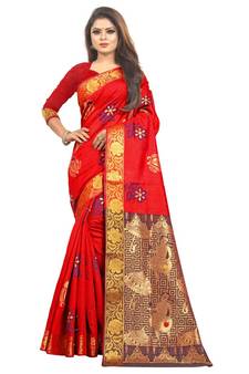 Women's Red Kanjivaram Silk Zari work Saree