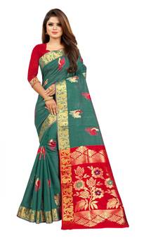 Women's Turquoise Kanjivaram Silk Zari work Saree