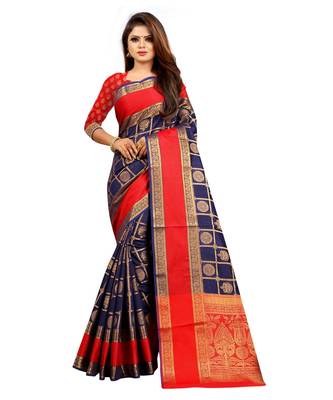 Women's Navy Checkered Banarasi Art Silk Zari work Saree 1