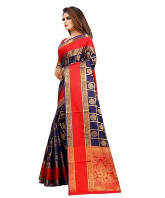 Women's Navy Checkered Banarasi Art Silk Zari work Saree 2