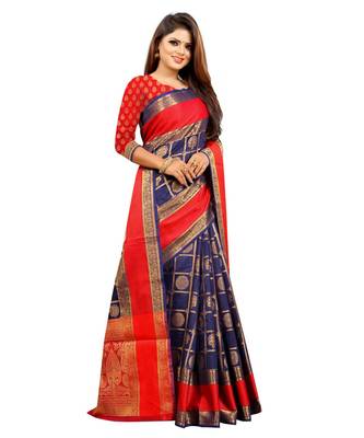 Women's Navy Checkered Banarasi Art Silk Zari work Saree 3