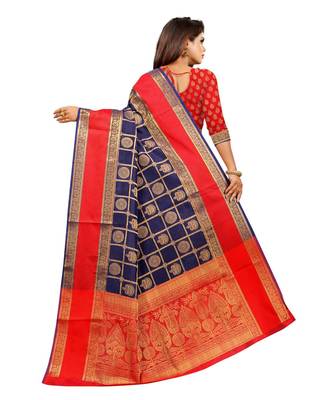 Women's Navy Checkered Banarasi Art Silk Zari work Saree 4