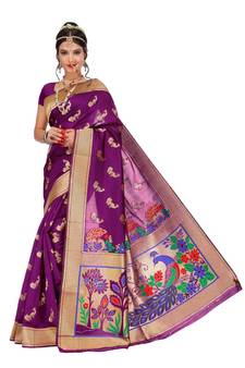 Women's Magenta Traditional Banarasi Art Silk Zari work Saree