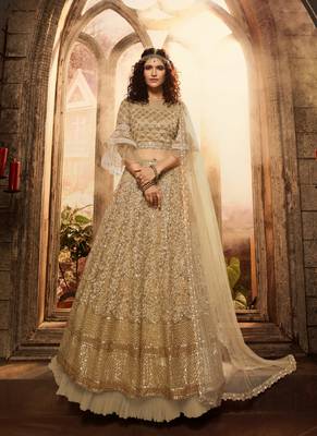Beige embroidered net semi stitched lehenga 1