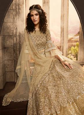 Beige embroidered net semi stitched lehenga 3