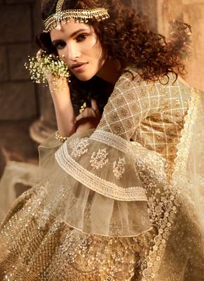 Beige embroidered net semi stitched lehenga 4