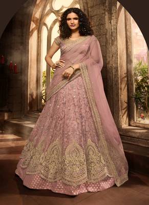Mauve embroidered net semi stitched lehenga 1