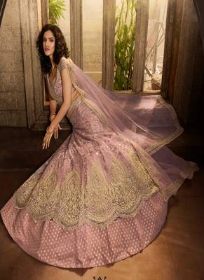 Mauve embroidered net semi stitched lehenga 3