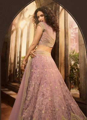 Mauve embroidered net semi stitched lehenga 4