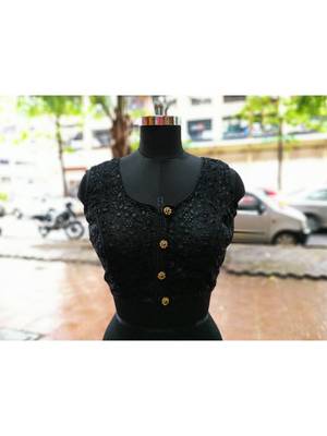 Black Colored Mono Net Fabric With Embroidered Worked Ethnic Style Sleeveless Blouse 1