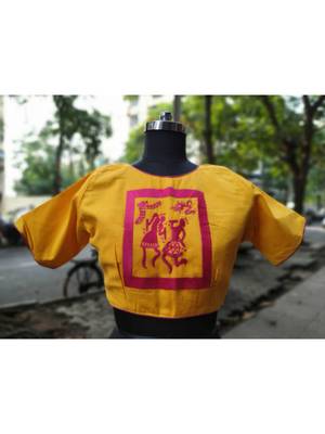 Yellow Coloured Based Warli Embroidered With Goldn Coloured Designer Blouse 1
