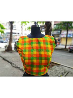 Green And Orange Checks Pattern Sleeveless Blouse With Attractive Fabric Latkans At Backside 1