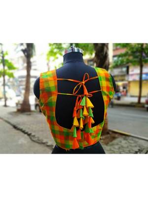 Green And Orange Checks Pattern Sleeveless Blouse With Attractive Fabric Latkans At Backside 2