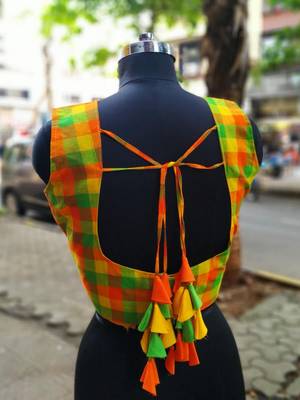 Green And Orange Checks Pattern Sleeveless Blouse With Attractive Fabric Latkans At Backside 3