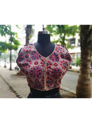 Grey Colored Based Red And Blue Flower Design Cotton Blouse 1