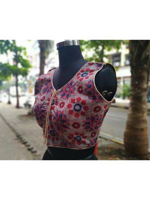Grey Colored Based Red And Blue Flower Design Cotton Blouse 2