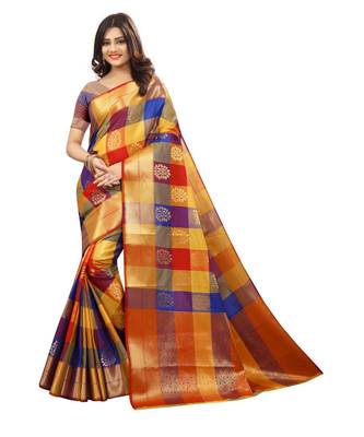 Women's Multicolor Checkered Kanjivaram Silk Zari Work Saree 1