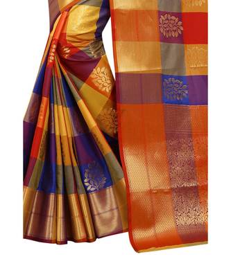 Women's Multicolor Checkered Kanjivaram Silk Zari Work Saree 2