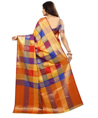 Women's Multicolor Checkered Kanjivaram Silk Zari Work Saree 4