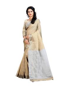 Women'S Brown Checkered Linen Zari Work Saree