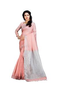 Women'S Pink Checkered Linen Zari Work Saree