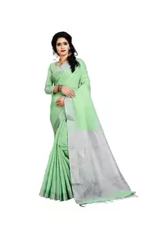 Women'S Green Checkered Linen Zari Work Saree