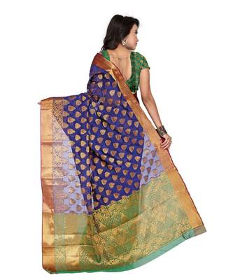 Women's Blue Traditional Banarasi Kanjivaram Poly Silk Zari work Saree 3