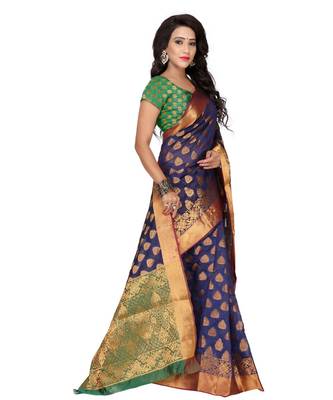 Women's Blue Traditional Banarasi Kanjivaram Poly Silk Zari work Saree 4