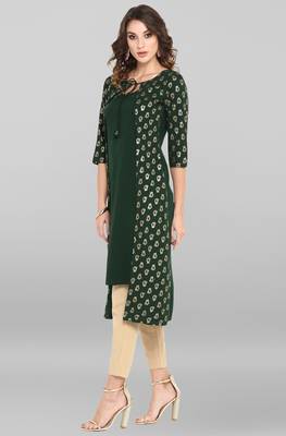 Janasya Dark-green printed crepe ethnic-kurtis 3