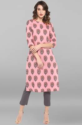 Janasya Pink printed cotton ethnic kurtis 1