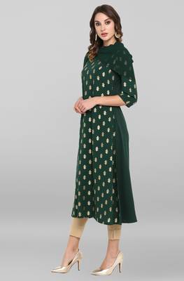 Janasya Dark green printed crepe ethnic kurtis 3
